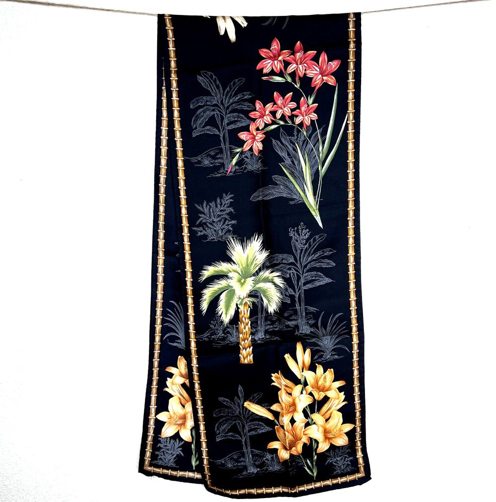 Vintage Silk Rectangle Scarf Black Bamboo Palm Tree Lily Print Tropical
